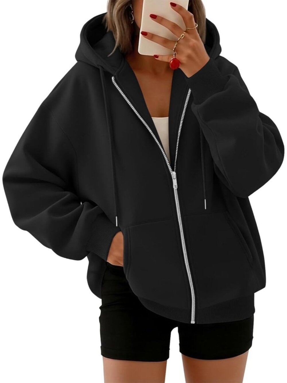 〽️Women's Black Oversized Zip Up Hooded Neck Cute Lightweight Winter Sweatshirt